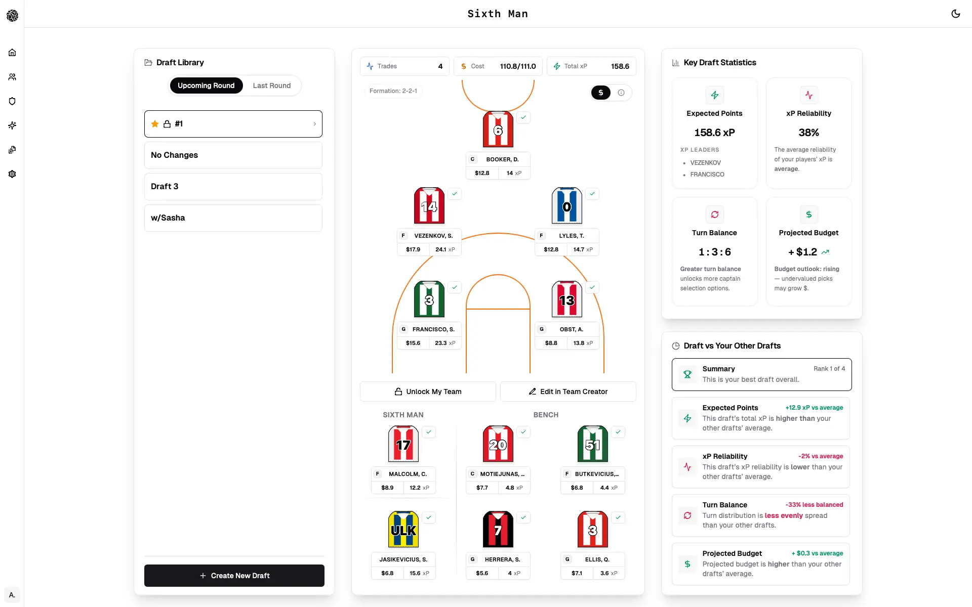 Draft library showing expected points comparison and lock action